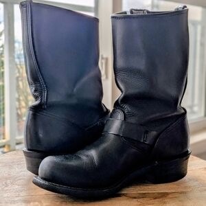 Frye Black Leather Mid-Calf Engineer Boots